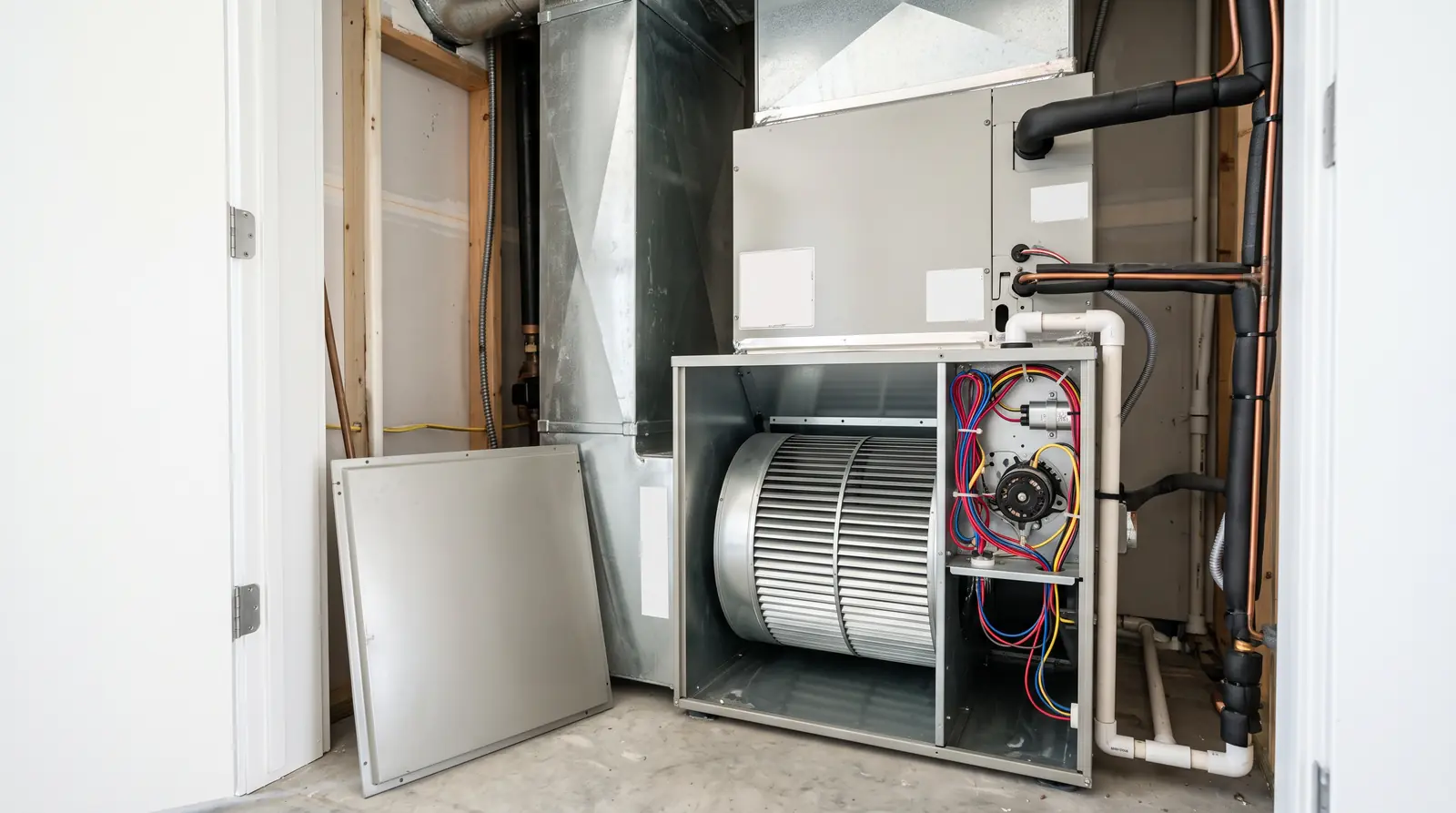 A clean modern air handler with the blower compartment open showing a large blower wheel and tidy wiring harness inside a bright utility closet