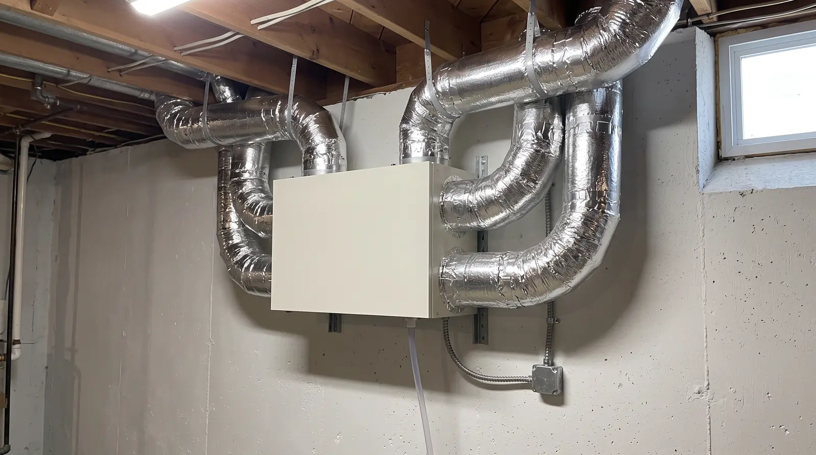 A neat energy recovery ventilator unit mounted on a basement wall with round insulated ducts connected, clean install, bright light