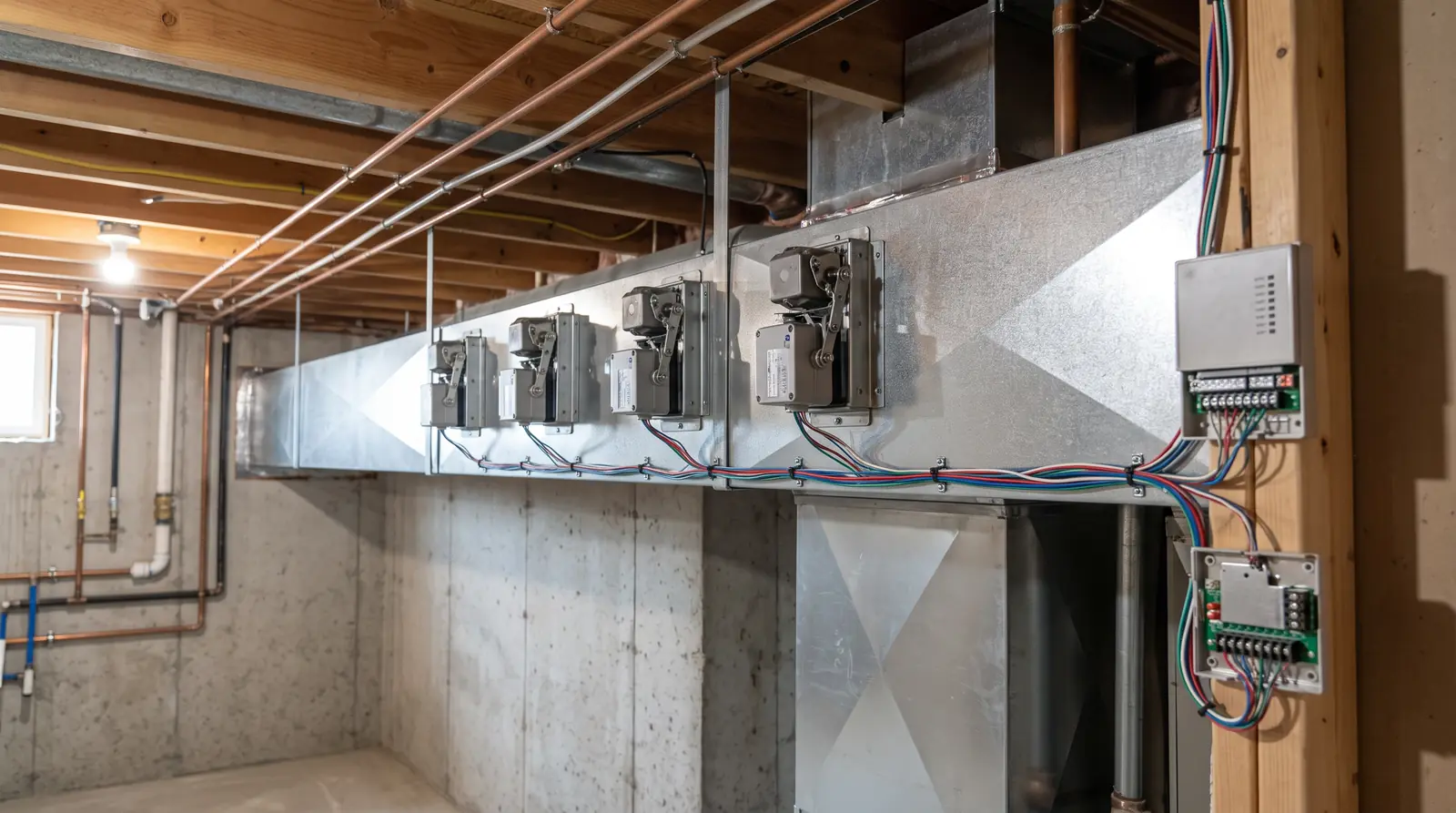 A row of motorized zone dampers on a trunk duct with neat low-voltage wiring leading to a small zone control panel with a few blank LED lights, clean basement